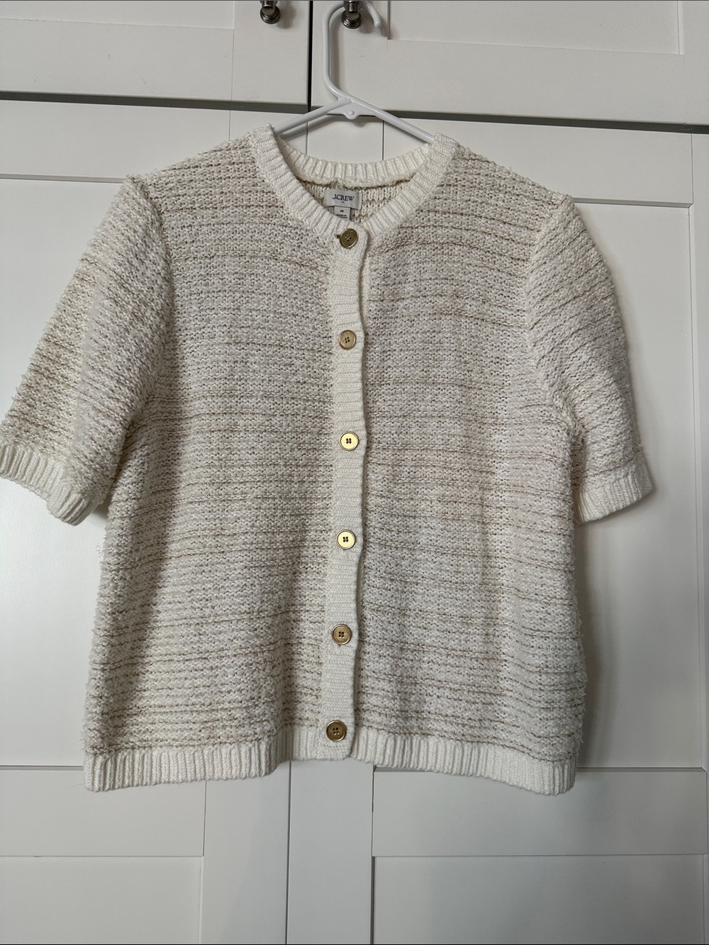 J. Crew Cream Short-Sleeve Textured Button-Front Cardigan